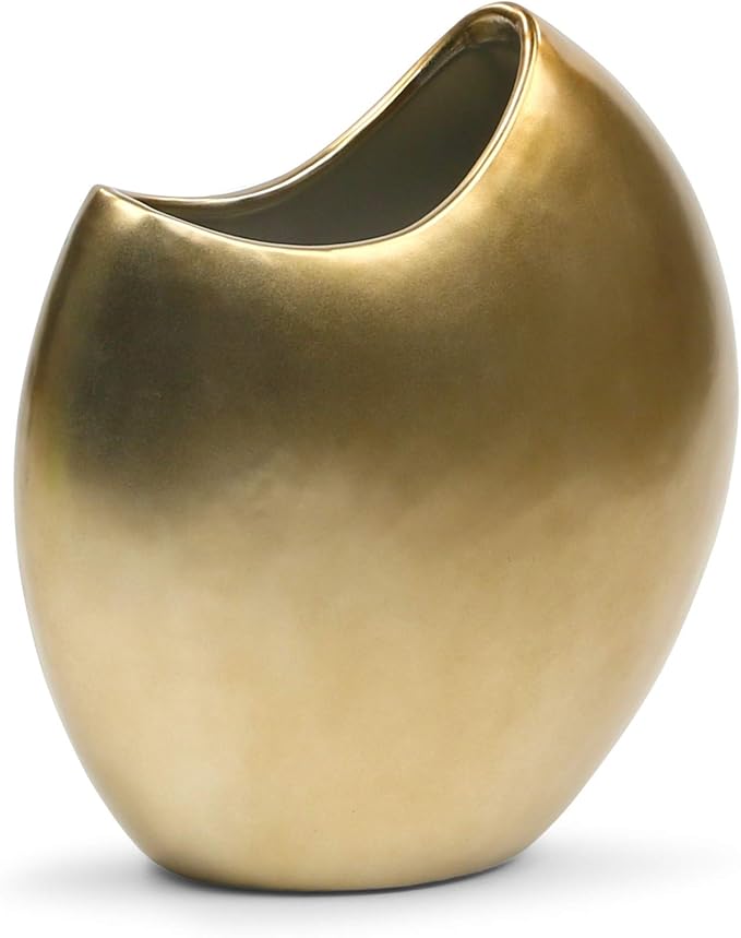 WGV Ceramic Moon Vase, Width 11"x3.5", Height 11", Crescent Gold Pot, Round Circular Bouquet Planter Terrarium for Wedding Event Office Home Decor, 1 Piece