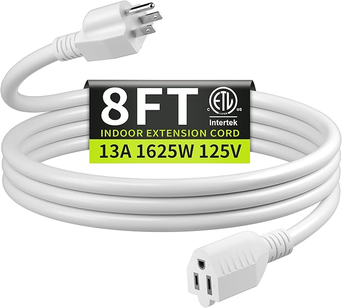 16/3 White Extension Cord 8 FT, Indoor Extension Cord for Laptops, Coffee Makers, Office Home Appliances, 3 Prong Resistant Cable Flexible, 13A 125V 1625W ETL Listed