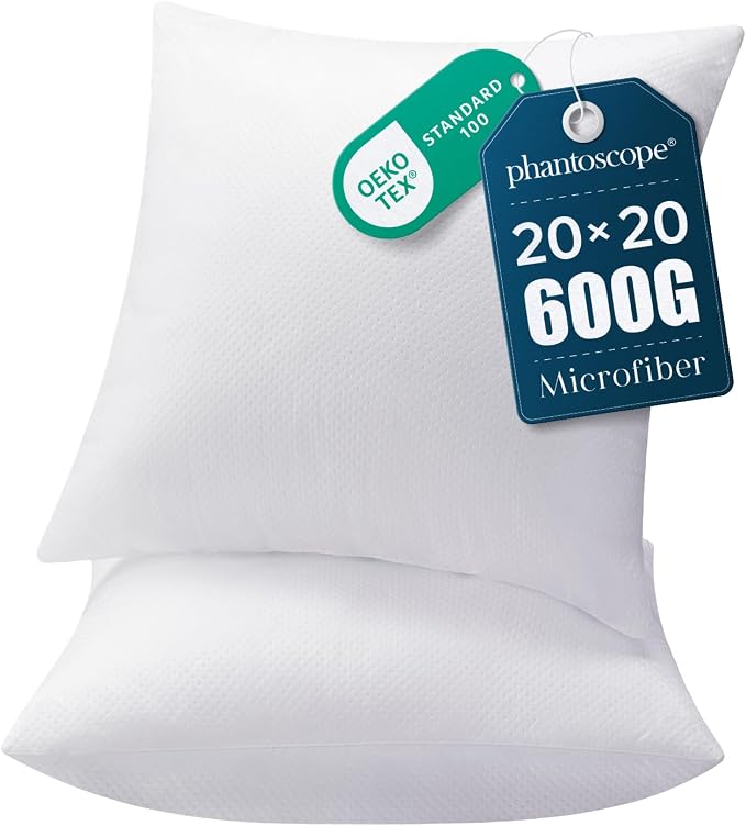 Phantoscope 20x20 Pillow Inserts, Throw Pillow Inserts for Couch, Pack of 2 | 100% Virgin Fiber Hypoallergenic Pillow Form, Soft Throw Pillow Inserts, Lightweight Throw Pillows for Couch Bed Pillows