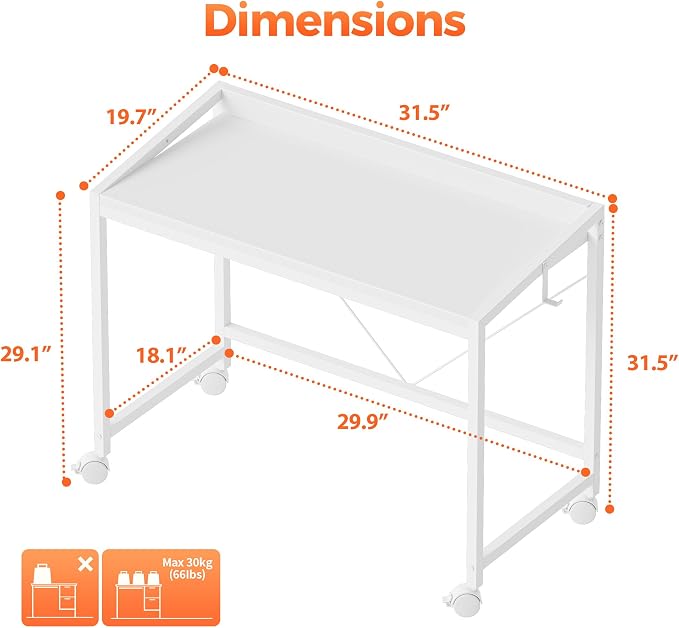Mericonia 32x20 Inch Small Computer Desk with Wheels & Rear Lip | Simple Rolling Desk, Writing Table for Home Office Bedroom Work Study, White