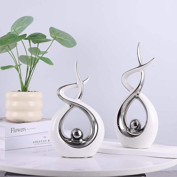 Silvery Modern Sculpture Table Decorations, Ceramic Knick Knacks Statues for Living Room Decor, Tv Stand and Desk Decor, Suitable for Coffee Tables and Shelf Decorations, Great Gift Idea