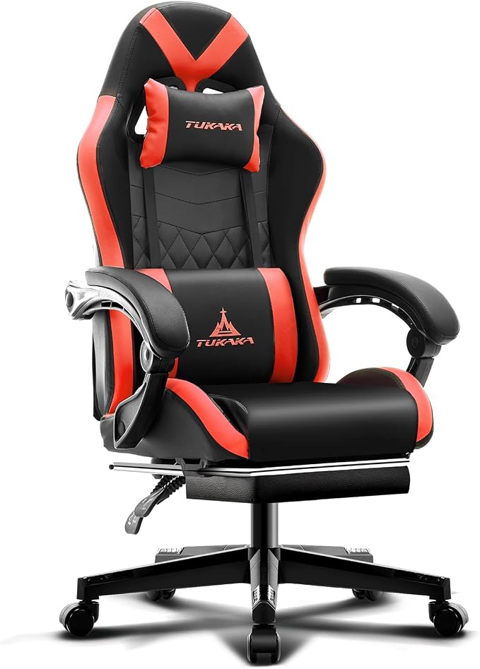 Gaming Chair,Ergonomic Massage Office Desk Chair with Footrest,Red | Pocket Spring Cushion,Reclining,Thick High Back,Headrest and Lumbar Support,Adjustable Leather Computer Chair Gamer Chair