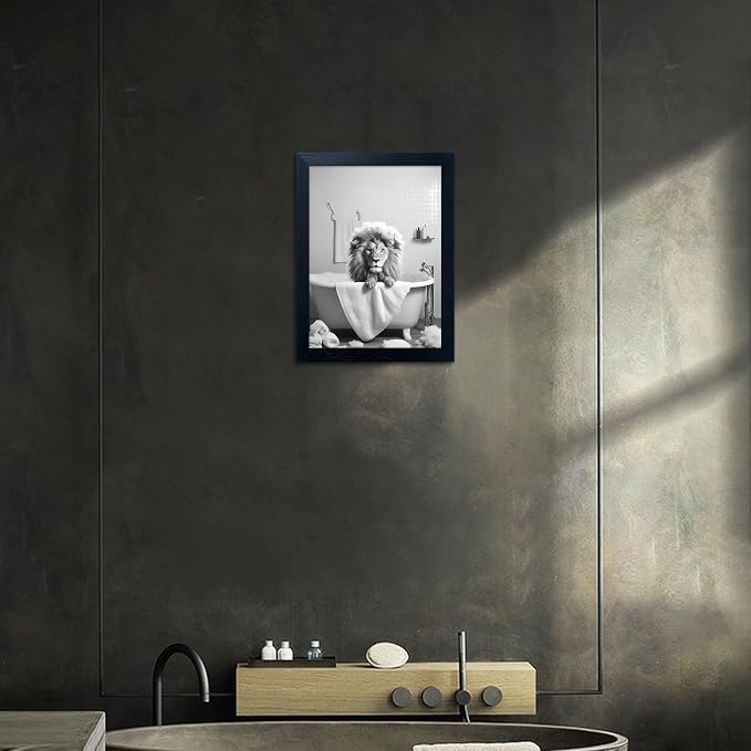 Black and White Lion Canvas Wall Art Bathroom Pictures Paintings for Wall Decor Funny Bathroom Wall Art Framed Animal Print Artwork