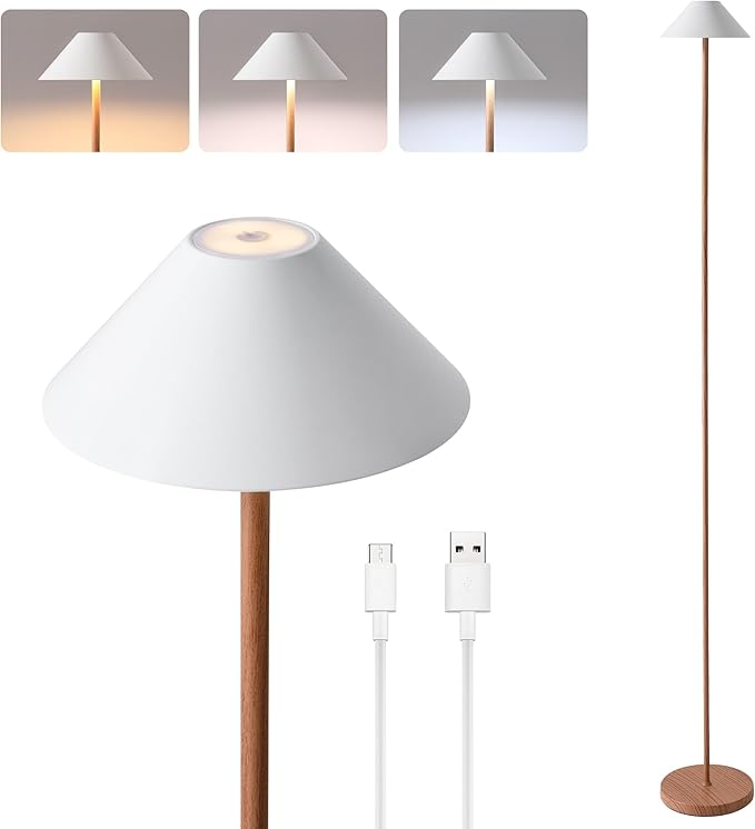 Rechargeable Floor Lamp for Indoor/Outdoor, Cordless Tall Standing Lamp with 3 Color Temps & Dimmable, IP43 Waterproof, Adjustable Height 16-59 Inch, LED Floor Lamp for Living Room, Patio(Wood Grain)