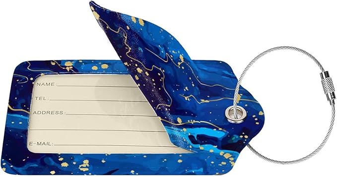Blue and Gold Marble Luggage Tags with Full Back Privacy Cover Name ID Card Stainless Steel Loop Suitcase Labels Address Card PU Leather Baggage Tags Luggage for Women Men Travel