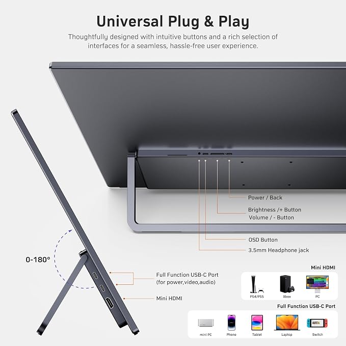 MNN 23.8" 100Hz FHD IPS USB-C HDMI Portable Gaming Monitor | 23.8" FHD IPS 100Hz, metal kickstand+speakers, USB-C/HDMI, PC/Phone/PS5/Xbox/Switch, home office & gaming.