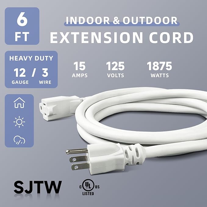 EP 12/3 6 FT Indoor Outdoor White Extension Cord Waterproof, 12 Gauge 3 Prong Power Cord Flexible Resistant Appliance Extension Cable Electric Cable Outside, 15A 1875W 12AWG SJTW, ETL Listed