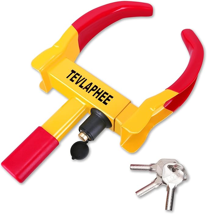 Tevlaphee Universal Wheel Lock Heavy Duty Security Trailer Wheel Lock Anti Theft Wheel Locks for Cars SUV Camper Motorcycle Trailer Great Deterrent Bright Color with 3 Keys (Red-Yellow)