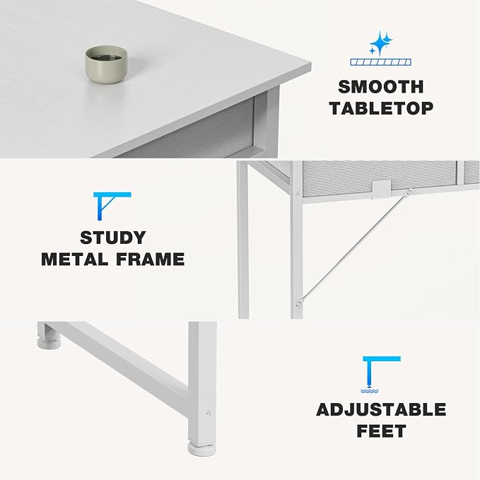 OLIXIS 32 Inch Small Desk, Computer Desk, Home Office | Fabric Drawers, Side Bag, Headphone Hook, Writing Study Work Table, Bedroom, Natural White