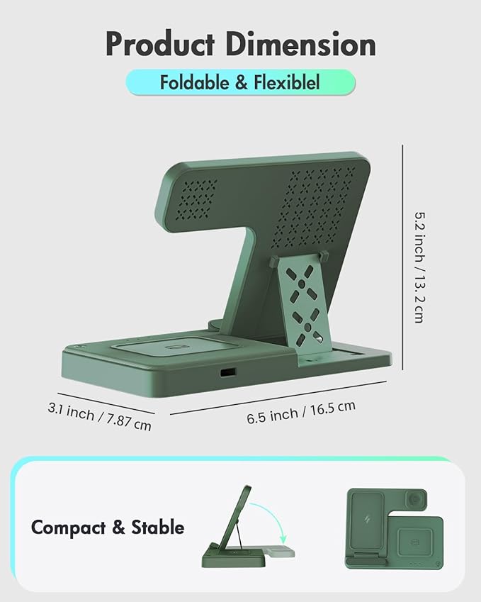Wireless Charger Stand Charging Station: 3 in 1 Charger Multiple Devices for Apple iPhone 17 16e 16 15 14 Pro Max 13 12 11 for Watch 11 10 9 8 7 6 5 4 3 2 SE and Ultra & Airpods Series, Dark Green