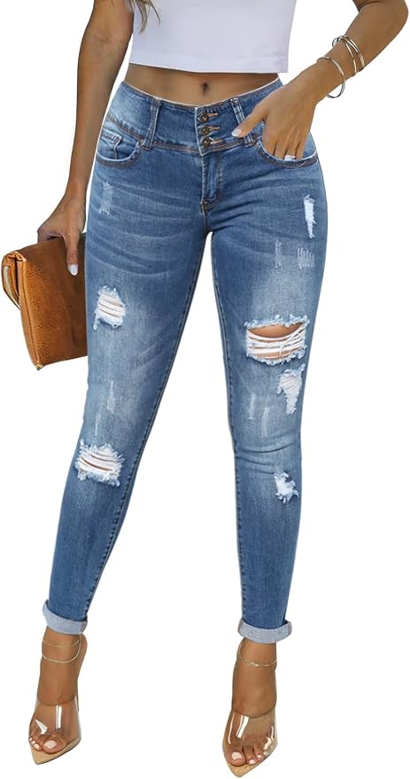 KUNMI Women's Skinny Ripped Trendy Jeans Distressed Stretchy Denim Pants