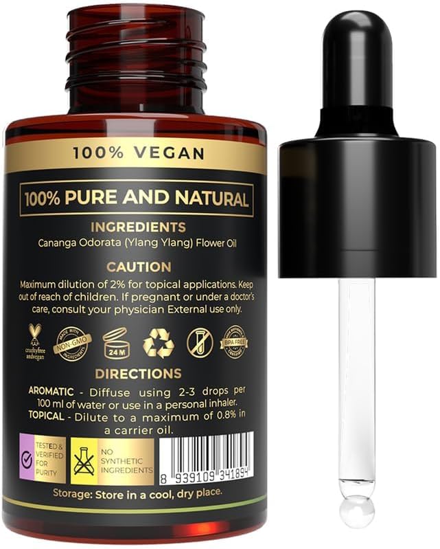 Ylang-Ylang Essential Oil – 100% Pure & Organic, Therapeutic Grade for Skin & Aromatherapy – Fragrance Oil for Stress Relief, Massage, and Relaxation – Ylang Ylang Oil for Home Diffuser