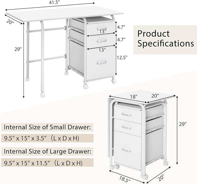 Folding Computer Desk with 6 Wheels, 41.5" Modern Steel Collapsible Home Office Desk with 3 Storage Drawers, Portable Writing Laptop Desk for Bedroom, Study, Small Space, Home Office, White