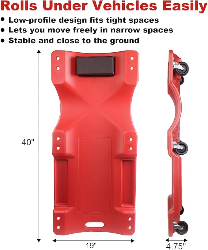 40-Inch Mechanic Creeper – Heavy Duty 500lb Rolling Garage Creeper with Padded Headrest, Dual Tool Trays & 6 Swivel Casters – Low Profile Under Car Automotive Creeper for Auto Repair, Red