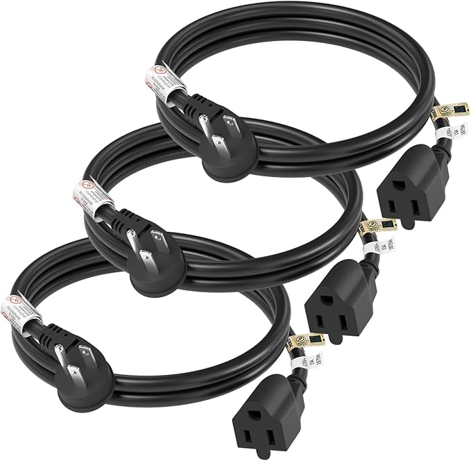 FIRMERST 1875W Flat Plug Extension Cord 3 Feet 14 AWG 15A Black, 3 Packs
