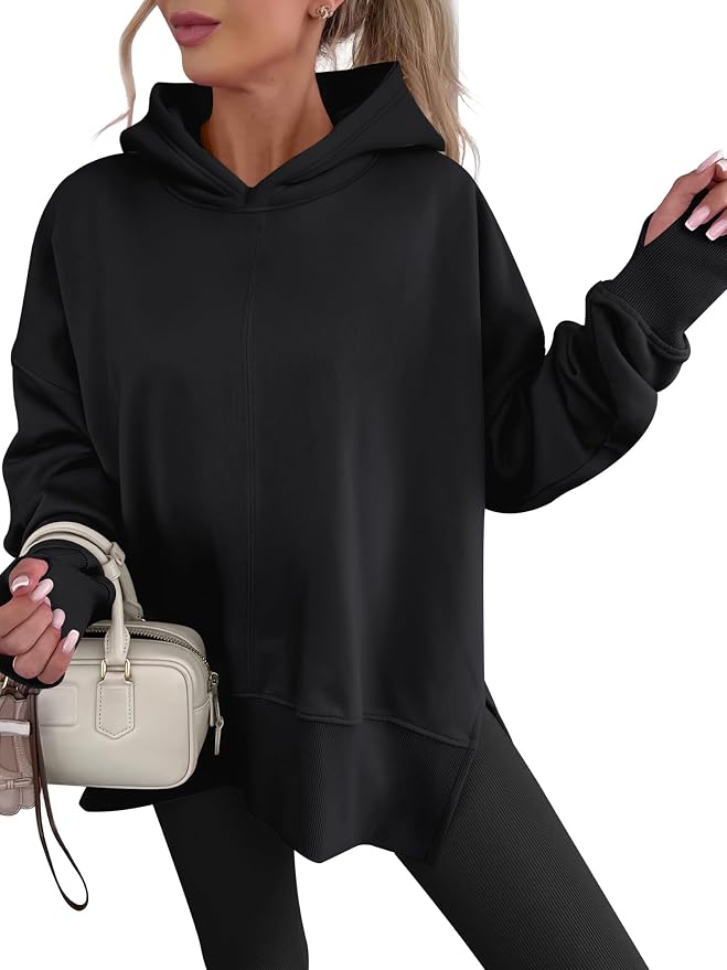 ANRABESS Womens Oversized Hoodies Long Sleeve Fleece Side Slit Hooded Sweatshirts Pullover 2026 Fall Outfits Y2K Clothes