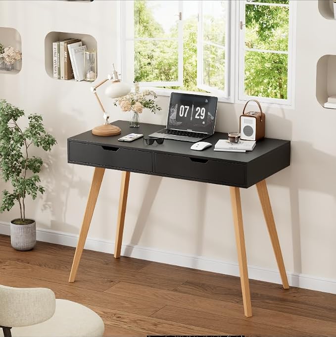FOTOSOK White Computer Writing Desk with 2 Drawers, Small Desk Makeup Vanity Table Wood Desk with 4 Oak Legs, Modern Home Office Desk Console Study Table, Black