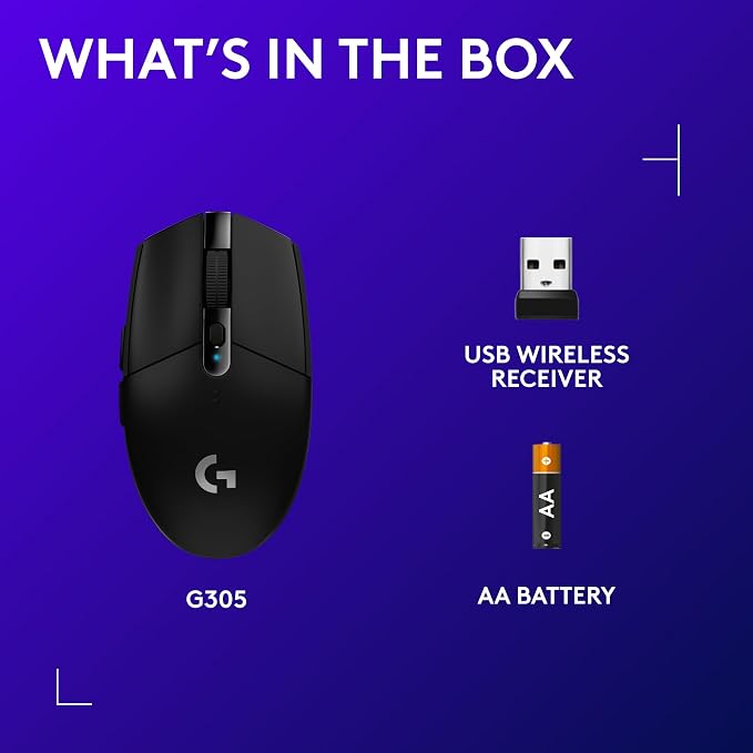 Logitech G305 Lightspeed Wireless Gaming Mouse - Black | Hero Sensor 12, Lightspeed 1ms Wireless, Up to 250h on 1xaa, 6 Programmable Buttons, 99g with Battery