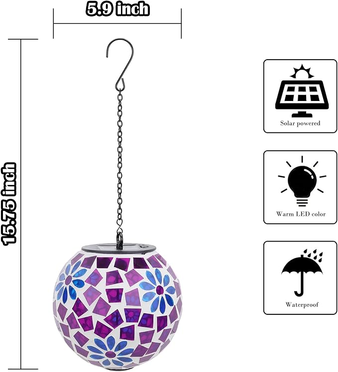 Solar Hanging Lantern Solar Outdoor Lanterns Mosaic Gazing Ball Outdoor Hanging Lights Outdoor Lights Waterproof Garden, Patio, Pathway & Yard Décor Purple