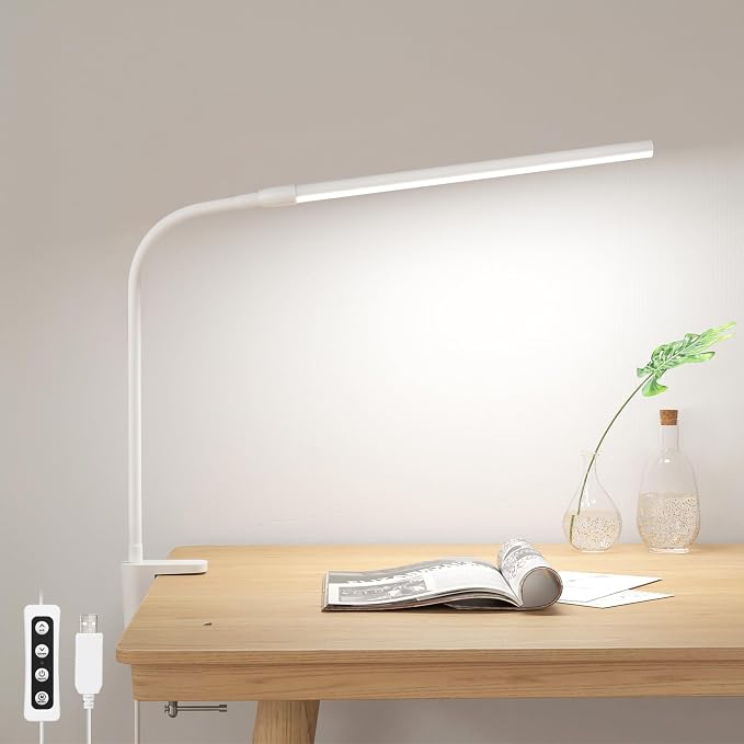 Lepro Small Desk Lamp with Clamp, LED Reading Lamps, 460LM, 5W, White | 3 Color Modes 10 Brightness, Dimmable USB Clip on Desk Light with Gooseneck Swing Arm for Nail, Home Office and Dorm