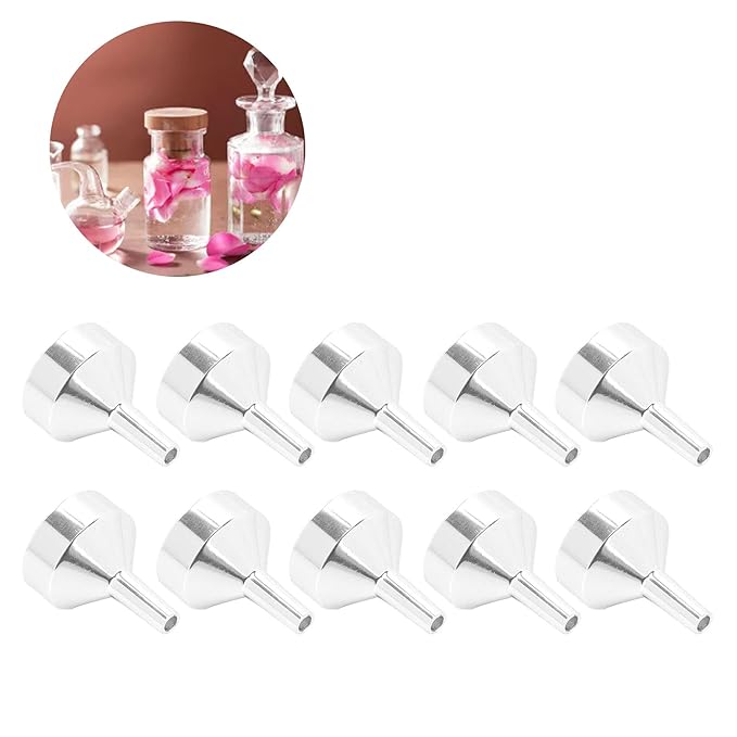 ANGGREK 10pcs Mini Aluminum Alloy Funnel Set for Filling Bottles and Transferring Cosmetics & Perfume (Silver)