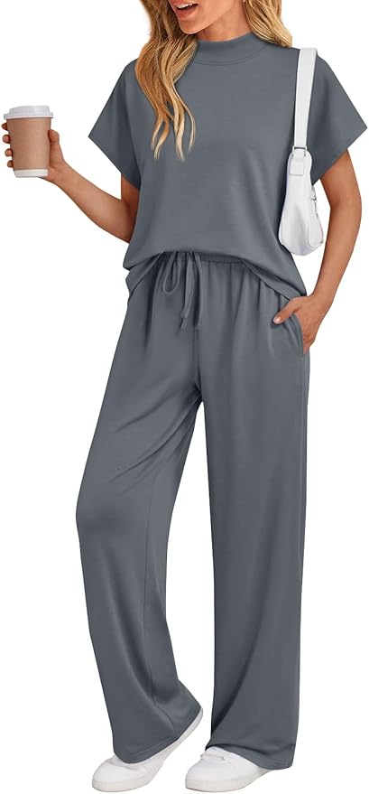 AUTOMET Women's 2 Piece Matching Lounge Sets 2026 Summer Mock Neck Sweatsuits Short Sleeve Loungewear Travel Outfits