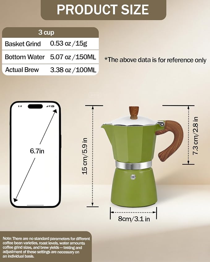 Coffee Maker Stovetop Espresso Maker 3 Cup Aluminum Moka Pot Percolator 5oz 150ml Easy Brewing for Electric Ceramic Stoves Home Camping Italian Cuban Café Classic Sip Sized Green