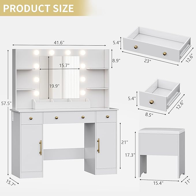 Vanity Desk with Mirror and Lights, 43'' White Makeup Dressing Table Set with 5 Drawers & Chair, Power Outlet, 3 Lighting Modes Adjustable Brightness & RGB LED for Women Girls Bedroom Bathroom