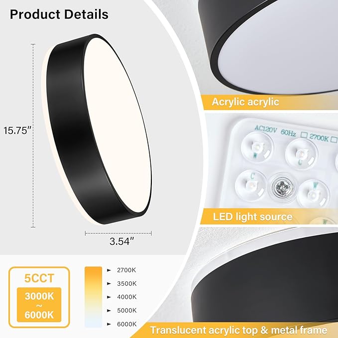 Dimmable Black LED Large Flush Mount Ceiling Light, 5CCT 2700K-6000K Ceiling Light Fixture,Modern Minimalist Round Metal Ceiling Lamp for Bedroom, Kitchen, Living Room 36W- 15.7in