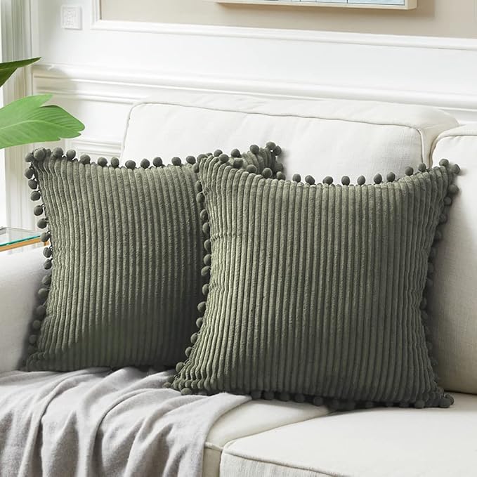 Fancy Homi Pack of 2 Olive Green Decorative Throw Pillow Covers 20x20 Inch with Pom-poms for Couch Bed Living Room, Soft Corduroy Solid Square Cushion Case 50x50 cm, Farmhouse Boho Home Decor