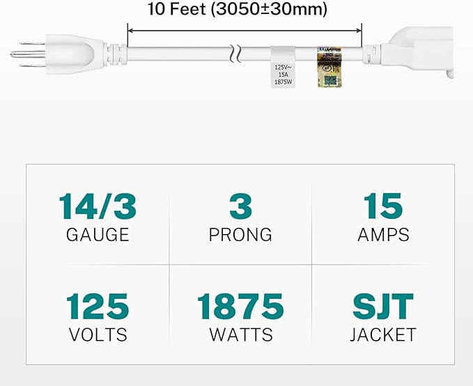 FIRMERST 10 Feet Extension Cord 14 AWG Heavy Duty 1875W 3 Prong White, UL Listed