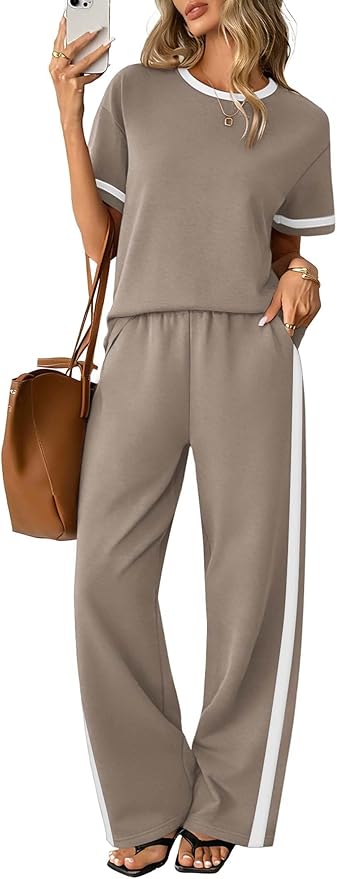 Sampeel 2 Piece Sets for Women Matching Sets Summer Outfits Resort Wear Short Sleeve Lounge Set Wide Leg Pants with Pockets