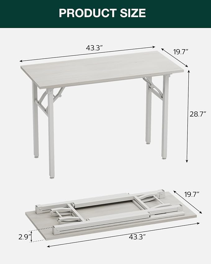 Frylr Small Folding Computer Desk – Portable 43.3 Inch Foldable Laptop Table, Collapsible and Compact for Easy and Fast Setup, Lightweight for Small Spaces, Home Craft and Study Use, White Ash