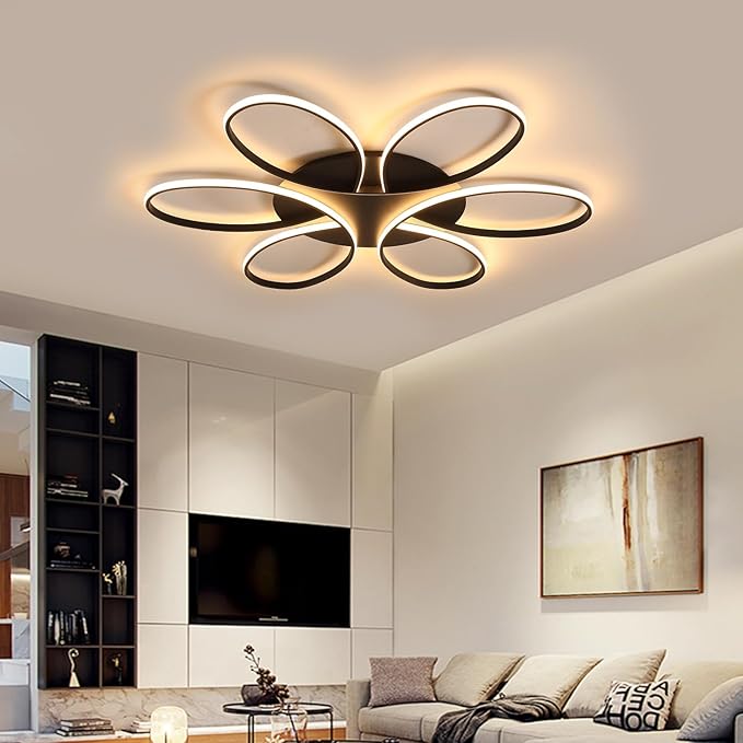 Modern LED Ceiling Light Fixture Black Flush Mount Ceiling Lamp with Remote Control Dimmable 6 Rings Flower Shaped Ideal for Living Room Bedroom Dining Room Kitchen(75CM/29.5IN)