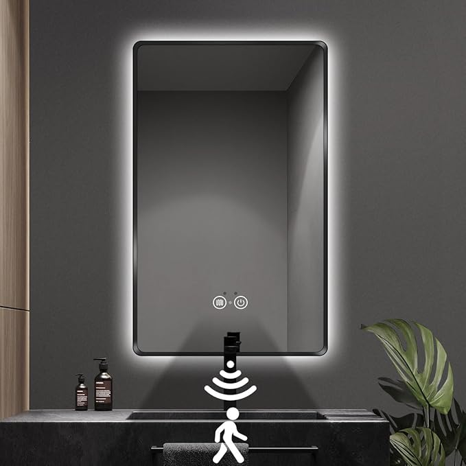 36"x28" Black LED Bathroom Mirror, Metal Framed, Rounded Rectangle, Bathroom Backlit Mirror, Anti-Fog, Stepless Dimmable, Smart Lighted Mirror for Vanity, Infrared Motion Sensor Lights, Memory