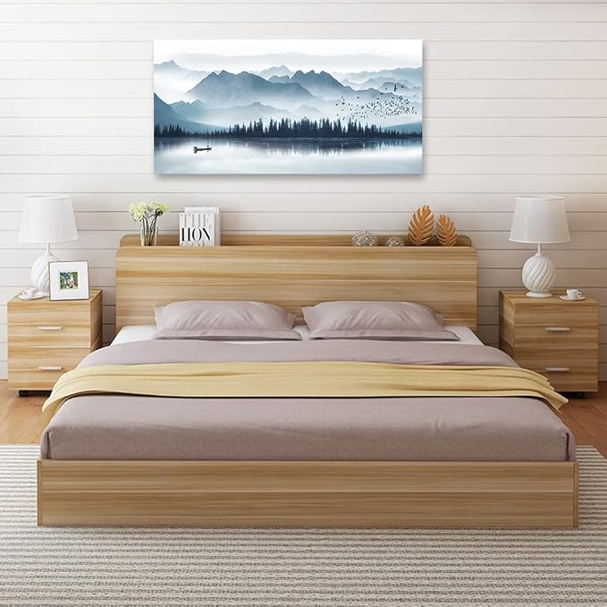arteWOODS Indigo Canvas Wall Art - Misty Mountain & Foggy Lake Boat Painting - Grey Blue Forest Birds - 20" x 40" Canvas Wall Decor for Living Room