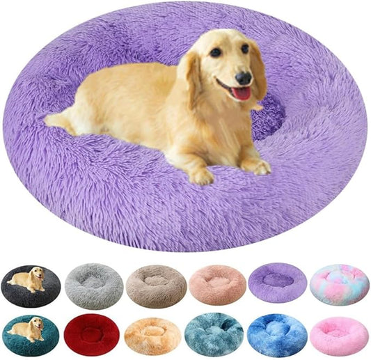 Calming Donut Dog & Cat Bed, 36 Inch Round Fluffy Dog Beds for Small Medium Large Dogs and Cats Anti-Anxiety, Puppy Bed, Washable Round Cozy Soft Pet Bed (Purple)