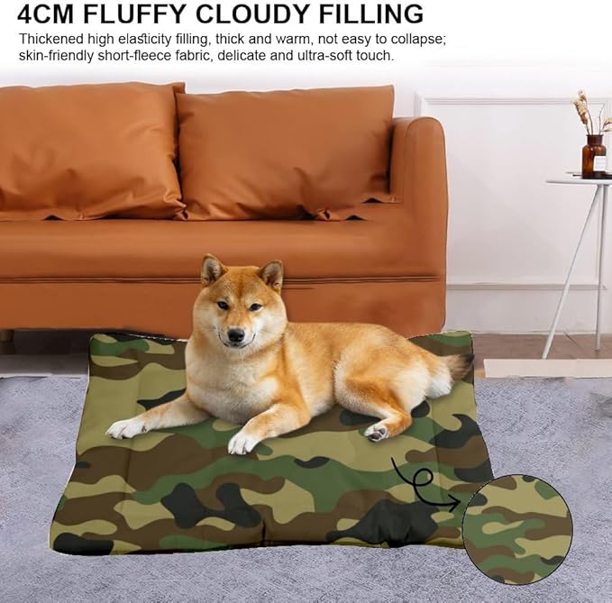 Classic Green Camo Washable Puppy Bed for Crate Dog Mats for Crates Puppy Playpen Pad Dog Crate Beds Washable Non-Slip Beds Bed Rectangle Mattress Pillow Indoor Outdoor 36X24 Inch