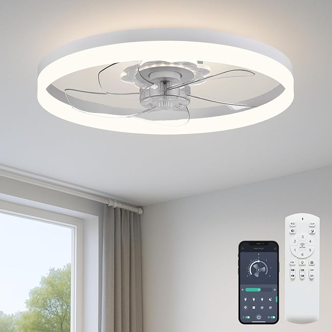 20‘’ Ceiling Fan with Light, Upgraded Low Profile Fan, Flush Mount Ceiling Fan, 6 Speeds, Dimmable LED, App & Remote Control, Quiet DC Motor, for Bedroom, Living Room, F115 White