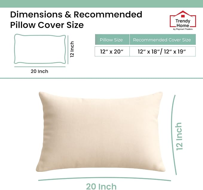 Trendy Home 12x20 100% Natural Cotton Throw Pillow Insert(Set of 2), Bed and Couch Pillows Stuffer Hypoallergenic, Decorative Home Outdoor Sofa Pillow Filler (Cotton, 2 Pack)