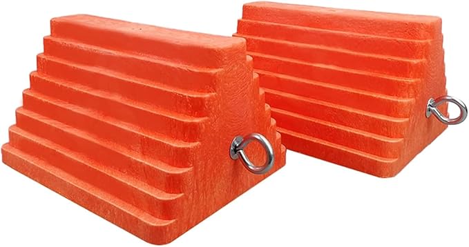 HOXWELL 2 Packs Wheel Chocks Heavy Duty Orange with Eyebolt, Vehicle Chock for Travel Trailers, Camper, Truck, Car and ATV, 9.1" Length x 7.1" Width x 5.5" Height