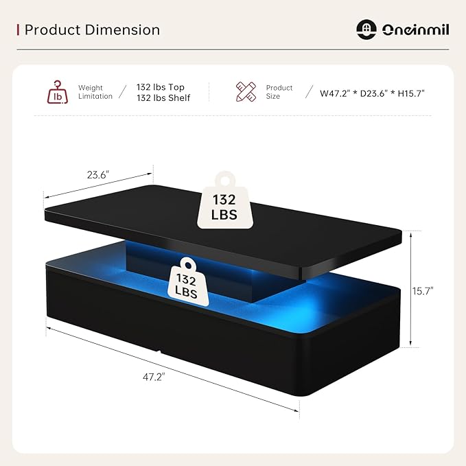 oneinmil Modern LED Coffee Table, 47" Living Room Tables with Double-Layer Design, 16 Colors LED Lights, Stylish Coffee Tables for Living Room, Home, Office, Black