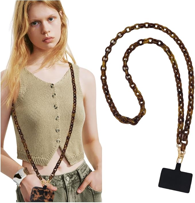 Phone Crossbody Chain Cellphone Lanyard, Acrylic Shouder Strap Universal Lanyard Chain with Tether Patches Compatible with Most Phones Bag Purse (coffee