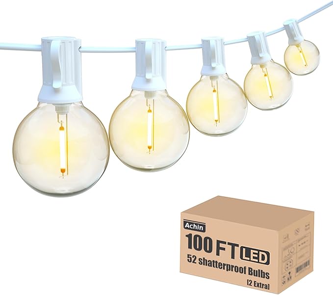 Achin Outdoor String Lights 100FT G40 Globe Patio Lights Outdoor Waterproof with 50+2 Shatterproof LED Bulbs 2700K Dimmable String Lights for Outside Backyard Party Wedding, White Wire