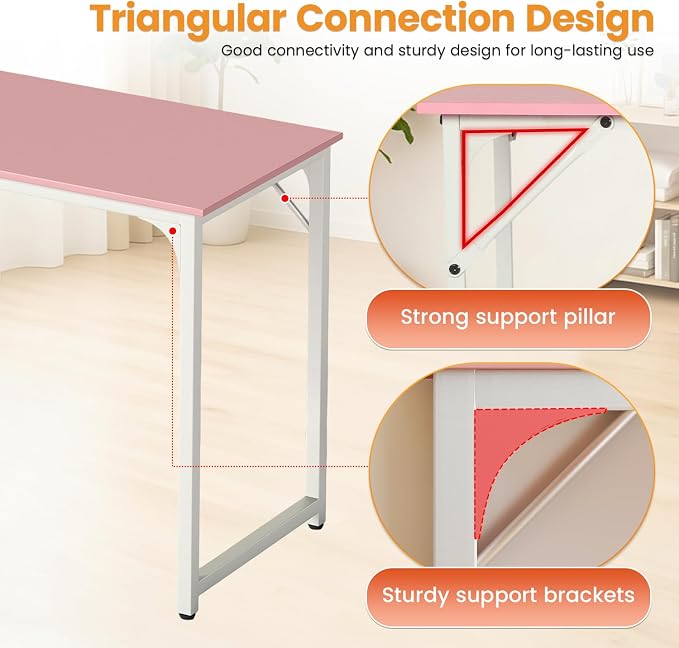 PayLessHere | 32 Inch Computer Desk | Pink | Office Desk with Metal Frame, Adjustable Feet | Water-Resistant, Scratchproof Surface | Sturdy Writing Table for Home Office or Study | Pack of 1