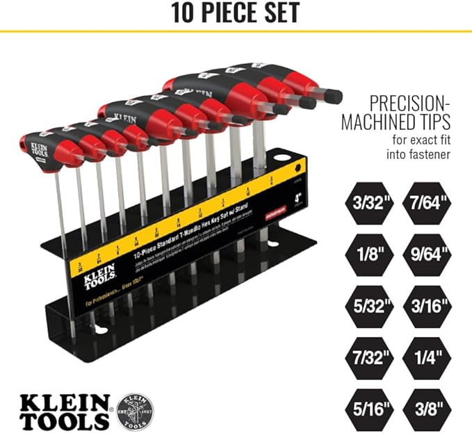 Klein Tools JTH410E T-Handle Hex Key Set, SAE Inch Sizes Allen Wrench Set with 4-Inch Blades, Stand Included, 10-Piece