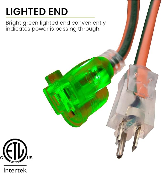 Go Green Power Inc. (GG-14000) 12/3 SJTW Outdoor Extension Cord, Lighted End, Orange, 100 ft
