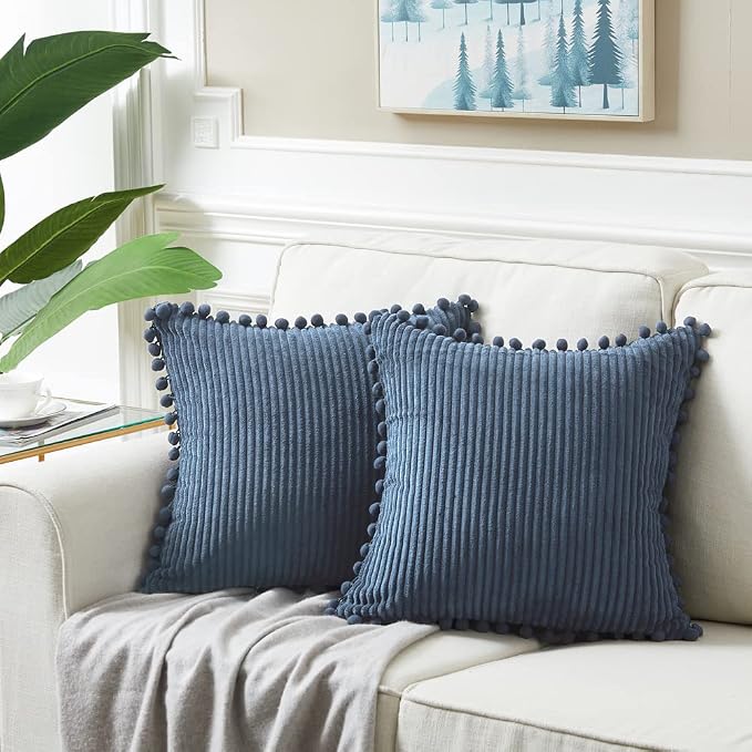 Fancy Homi 24x24 Pillow Covers, Pack of 2 Dusty Blue Throw Pillow Covers with Pom-poms, Super Soft Corduroy Square Solid Cushion Cover for Couch Sofa Bedroom Living Room 60x60 cm