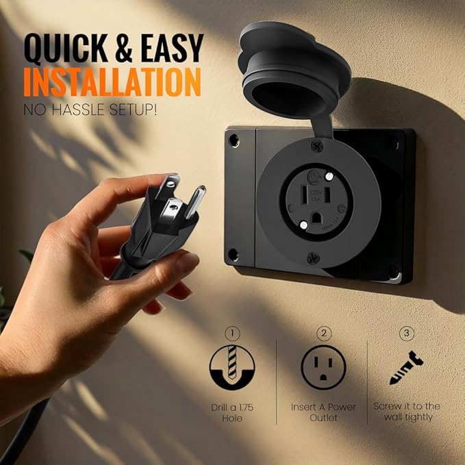 10 Foot 15A Weatherproof Outdoor Power Outlet by Journeyman-Pro 15 Amp 110/120 Volt 5-15R Receptacle Kit with Integrated (10' FT) 120" Extension Cord + Waterproof Rubber Cover (Black)