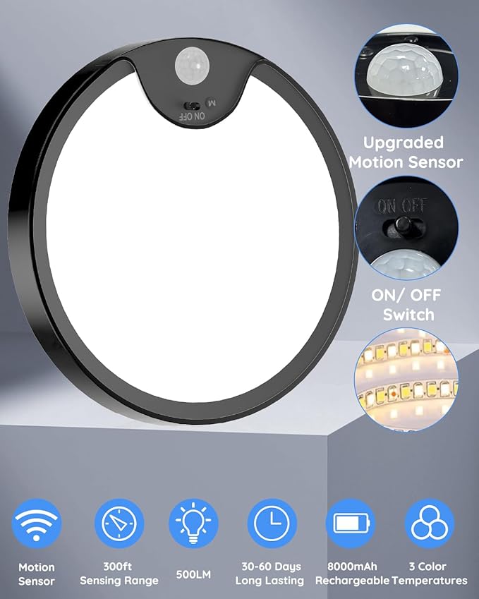 TOOWELL 2 Pack Motion Sensor Ceiling Light Rechargeable - Closet Light Battery Operated, Wireless Waterproof Shower Light, Overhead Sensor Light for Closet Shower Pantry Hallway Stair